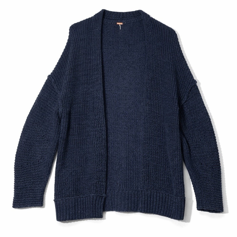 Free People Chunky Knit Open Front Cardigan Sweater Womens XS Navy oversized